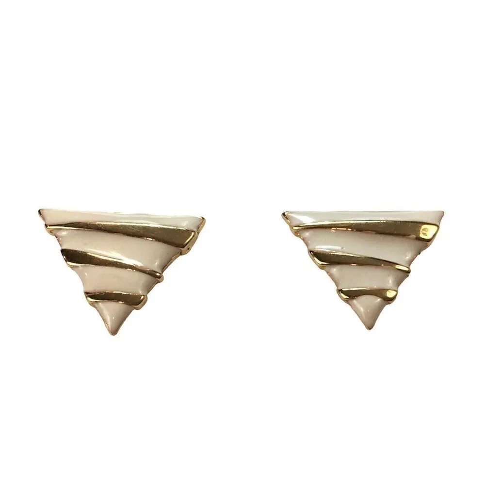 Vintage Coro Earrings Gold Tone White Enamel Triangle Studs Posts